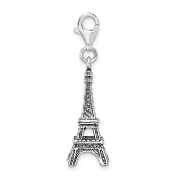 Amore La Vita Sterling Silver Rhodium-plated Polished 3-D Antiqued Eiffel Tower Charm with Fancy Lobster Clasp — alternate view