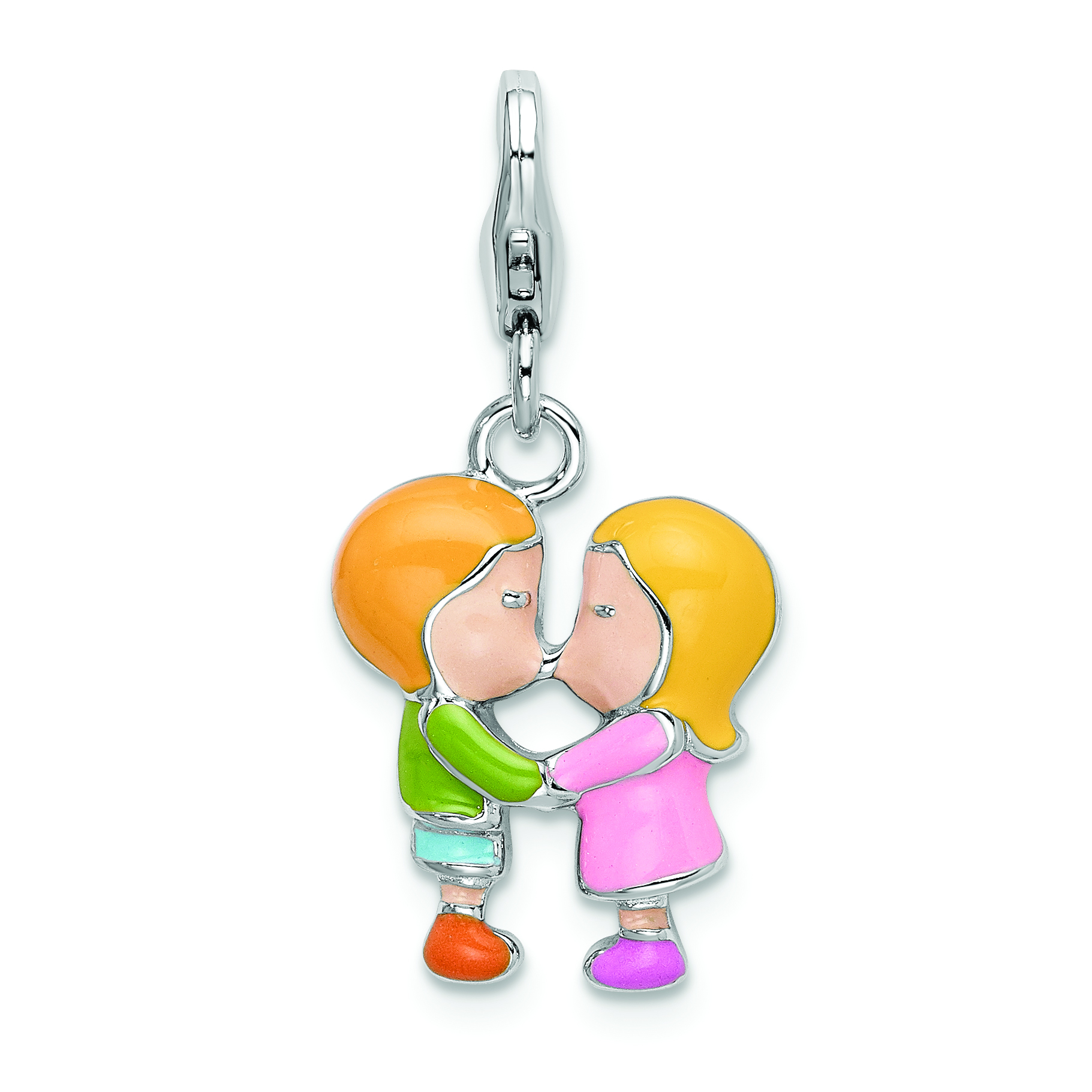 Amore La Vita Sterling Silver Rhodium-plated Polished Enameled Kissing Couple Charm with Fancy Lobster Clasp