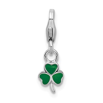 Amore La Vita Sterling Silver Rhodium-plated Polished 3-D Green Enameled Clover Charm with Fancy Lobster Clasp
