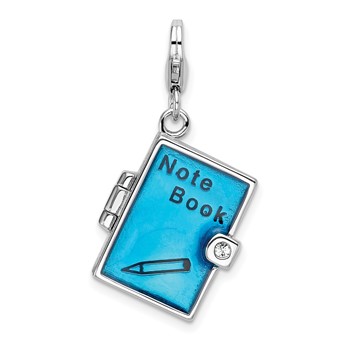 Amore La Vita Sterling Silver Rhodium-plated Polished 3-D Moveable Crystal Enameled 3-D Note Book Charm with Fancy Lobster Clasp