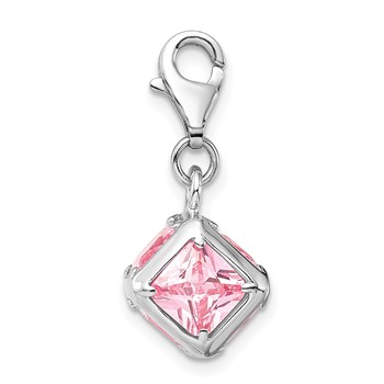 Amore La Vita Sterling Silver Rhodium-plated Polished 3-D Pink CZ Cube Charm with Fancy Lobster Clasp — alternate view