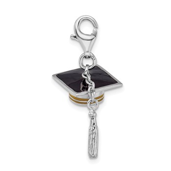 Amore La Vita Sterling Silver Rhodium-plated and Gold-tone Polished 3-D Moveable Enameled Graduation Cap and Tassel Charm with Fancy Lobster Clasp — alternate view