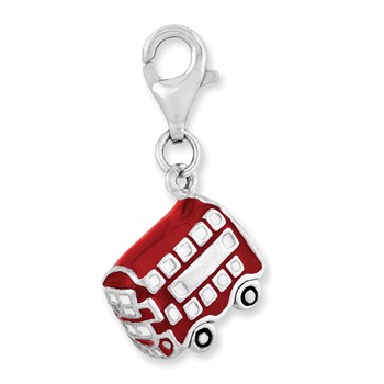 Amore La Vita Sterling Silver Rhodium-plated Polished 3-D Enameled Double Deck Bus Charm with Fancy Lobster Clasp