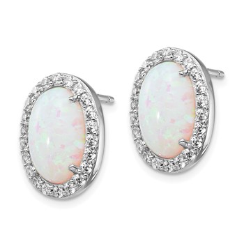 Cheryl M Sterling Silver Rhodium-plated Cabochon Lab Created Opal and Brilliant-cut CZ Oval Halo Post Earrings — alternate view
