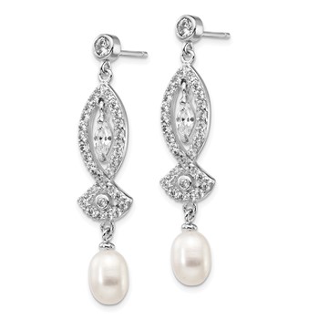 Cheryl M Sterling Silver Rhodium-plated Teardrop Freshwater Cultured Pearl and Marquise-cut/Brilliant-cut CZ Post Dangle Earrings — alternate view