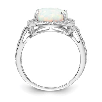 Cheryl M Sterling Silver Rhodium-plated Cabochon Lab Created Opal and Brilliant-cut CZ Oval Halo Ring — alternate view