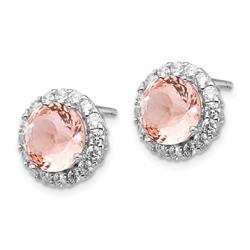 Cheryl M Sterling Silver Rhodium-plated 100 Facet Simulated Morganite and White Brilliant-cut CZ Halo Post Earrings — alternate view
