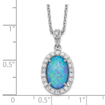 Cheryl M Sterling Silver Rhodium-plated Cabochon Lab Created Blue Opal and Brilliant-cut CZ Oval 18.5 Inch Necklace — alternate view