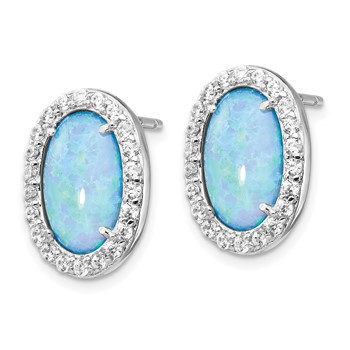 Cheryl M Sterling Silver Rhodium-plated Cabochon Lab Created Blue Opal and Brilliant-cut CZ Oval Post Earrings — alternate view