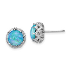 Image of Cheryl M Sterling Silver Rhodium-plated Cabochon Lab Created Blue Opal and Brilliant-cut CZ Post Earrings