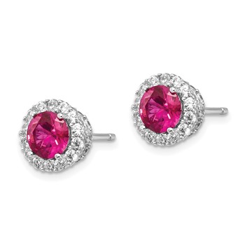 Cheryl M Sterling Silver Rhodium-plated Brilliant-cut Lab Created Ruby and Brilliant-cut White CZ Round Halo Post Earrings — alternate view