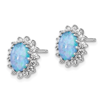 Cheryl M Sterling Silver Rhodium-plated Cabochon Lab Created Blue Opal and Brilliant-cut CZ Post Earrings — alternate view