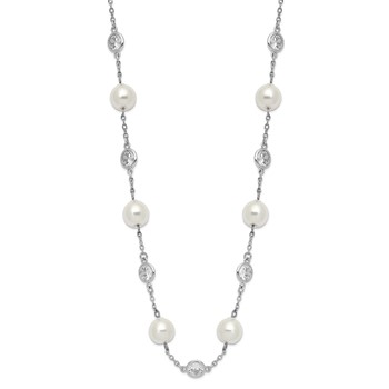 Cheryl M Sterling Silver Rhodium-plated Glass Pearl and Brilliant-cut CZ Bezel Station 18.25 Inch Necklace — alternate view