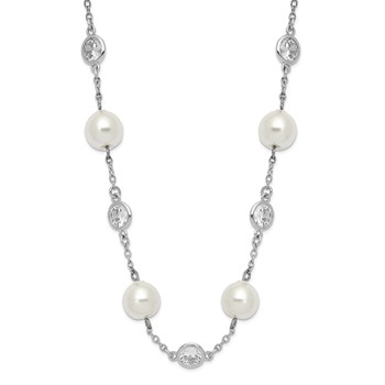 Cheryl M Sterling Silver Rhodium-plated Glass Pearl and Brilliant-cut CZ Bezel Station 18.25 Inch Necklace
