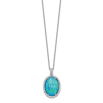 Cheryl M Sterling Silver Rhodium-plated Cabochon Lab Created Blue Opal and Brilliant-cut CZ Oval 18.5 Inch Necklace — alternate view