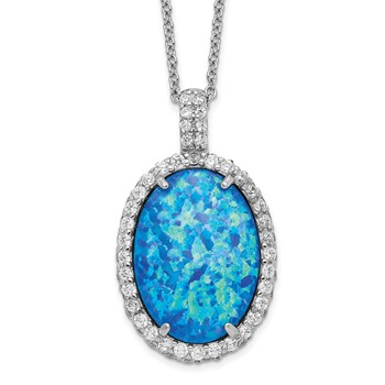 Cheryl M Sterling Silver Rhodium-plated Cabochon Lab Created Blue Opal and Brilliant-cut CZ Oval 18.5 Inch Necklace