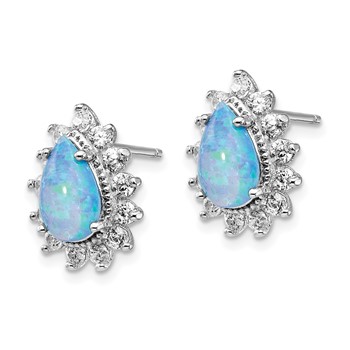 Cheryl M Sterling Silver Rhodium-plated Cabochon Lab Created Blue Opal and Brilliant-cut CZ Teardrop Shaped Post Earrings — alternate view