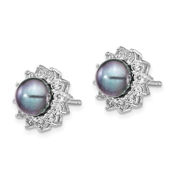 Cheryl M Sterling Silver Rhodium-plated Black Freshwater Cultured Pearl and Brilliant-cut CZ Post Earrings — alternate view