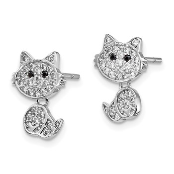 Cheryl M Sterling Silver Rhodium-plated Moveable Brilliant-cut Black and White CZ Cat Post Dangle Earrings — alternate view