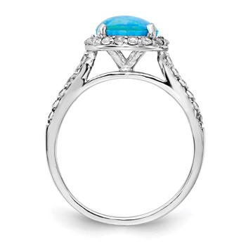 Cheryl M Sterling Silver Rhodium-plated Cabochon Lab Created Blue Opal and Brilliant Cut CZ Halo with Side Stones Ring — alternate view