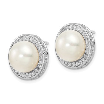 Cheryl M Sterling Silver Rhodium-plated 12mm Button Freshwater Cultured Pearl and Brilliant-cut CZ Halo Post Earrings — alternate view