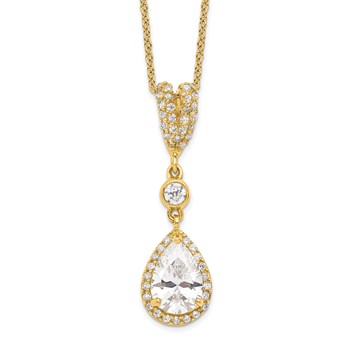 Cheryl M Sterling Silver Gold-plated Brilliant-cut CZ Teardrop and Bezel Halo 18 Inch Necklace