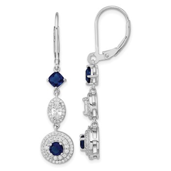 Cheryl M Sterling Silver Rhodium-plated Cushion-cut/Brilliant-cut Blue Glass and Brilliant-cut White CZ Leverback Dangle Earrings