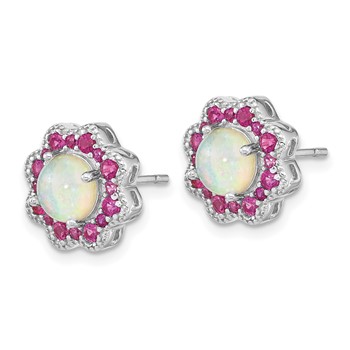 Cheryl M Sterling Silver Rhodium-plated Cabochon Lab Created Opal and Brilliant-cut Red Nano Crystal Flower Post Earrings — alternate view