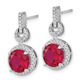 Cheryl M Sterling Silver Rhodium-plated Brilliant-cut Lab Created Ruby and Brilliant-cut White CZ Round Halo Post Dangle Earrings — alternate view