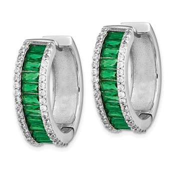 Cheryl M Sterling Silver Rhodium-plated Emerald-cut Green Nano Crystal and Brilliant-cut White CZ Round Hinged Hoop Earrings — alternate view