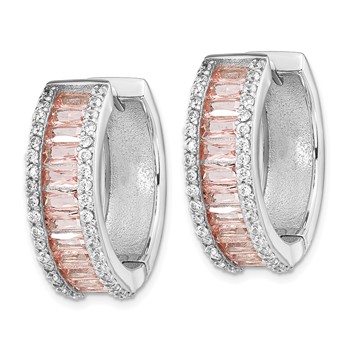 Cheryl M Sterling Silver Rhodium-plated Emerald-cut Pink Nano Crystal and White Brilliant-cut CZ Round Hinged Hoop Earrings — alternate view