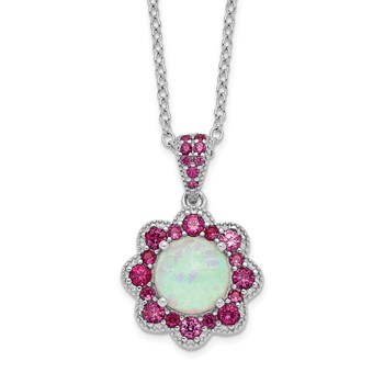 Cheryl M Sterling Silver Rhodium-plated Cabochon Lab Created Opal and Brilliant-cut Red Nano Crystal Flower 18 Inch Necklace