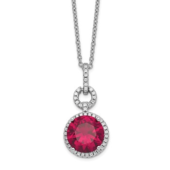 Cheryl M Sterling Silver Rhodium-plated Brilliant-cut Lab Created Ruby and Brilliant-cut White CZ Round Halo 18 Inch Necklace