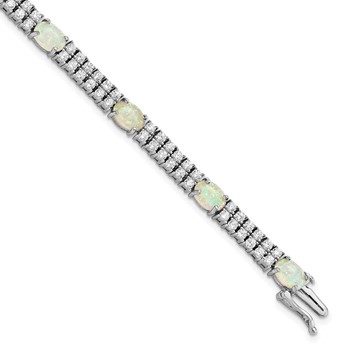 Cheryl M Sterling Silver Rhodium-plated Fancy Cabochon Lab Created Opal and Brilliant-cut CZ 7.5 Inch Bracelet