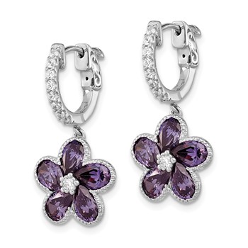 Cheryl M Sterling Silver Rhodium-plated Purple and White Brilliant-cut CZ Flower Hinged Hoop Dangle Earrings — alternate view