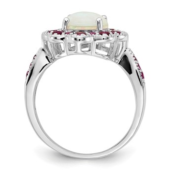 Cheryl M Sterling Silver Rhodium-plated Cabochon Lab Created Opal and Brilliant-cut Red Nano Crystal Flower Ring — alternate view