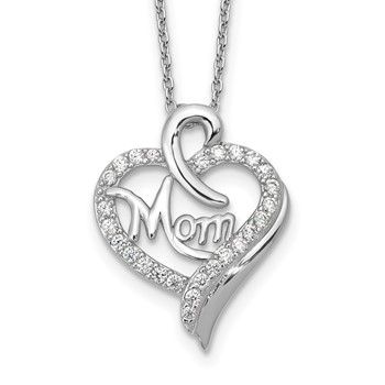 Cheryl M Sterling Silver Rhodium-plated Brilliant-cut CZ MOM Heart 18 Inch Necklace with 2 Inch Extender