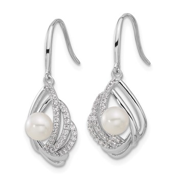 Cheryl M Sterling Silver Rhodium-plated Freshwater Cultured Pearl and Brilliant-cut CZ Teardrop Shepherd Hook Dangle Earrings — alternate view