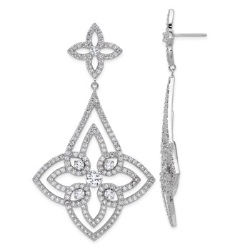 Cheryl M Sterling Silver Rhodium-plated Fancy Floral Design Brilliant-cut CZ Post Dangle Earrings
