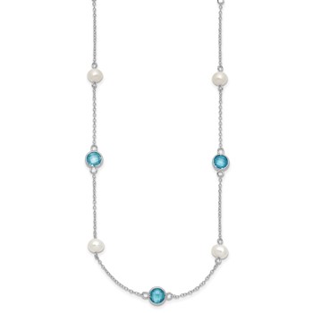 Cheryl M Sterling Silver Rhodium-plated Blue Double Pineapple-cut CZ & White Freshwater Cultured Pearl 9 Station 18 Inch Necklace with 2 Inch Extender — alternate view