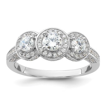 Cheryl M Sterling Silver Rhodium-plated Brilliant-cut CZ Three Stone Halo w/ Side Stones Ring