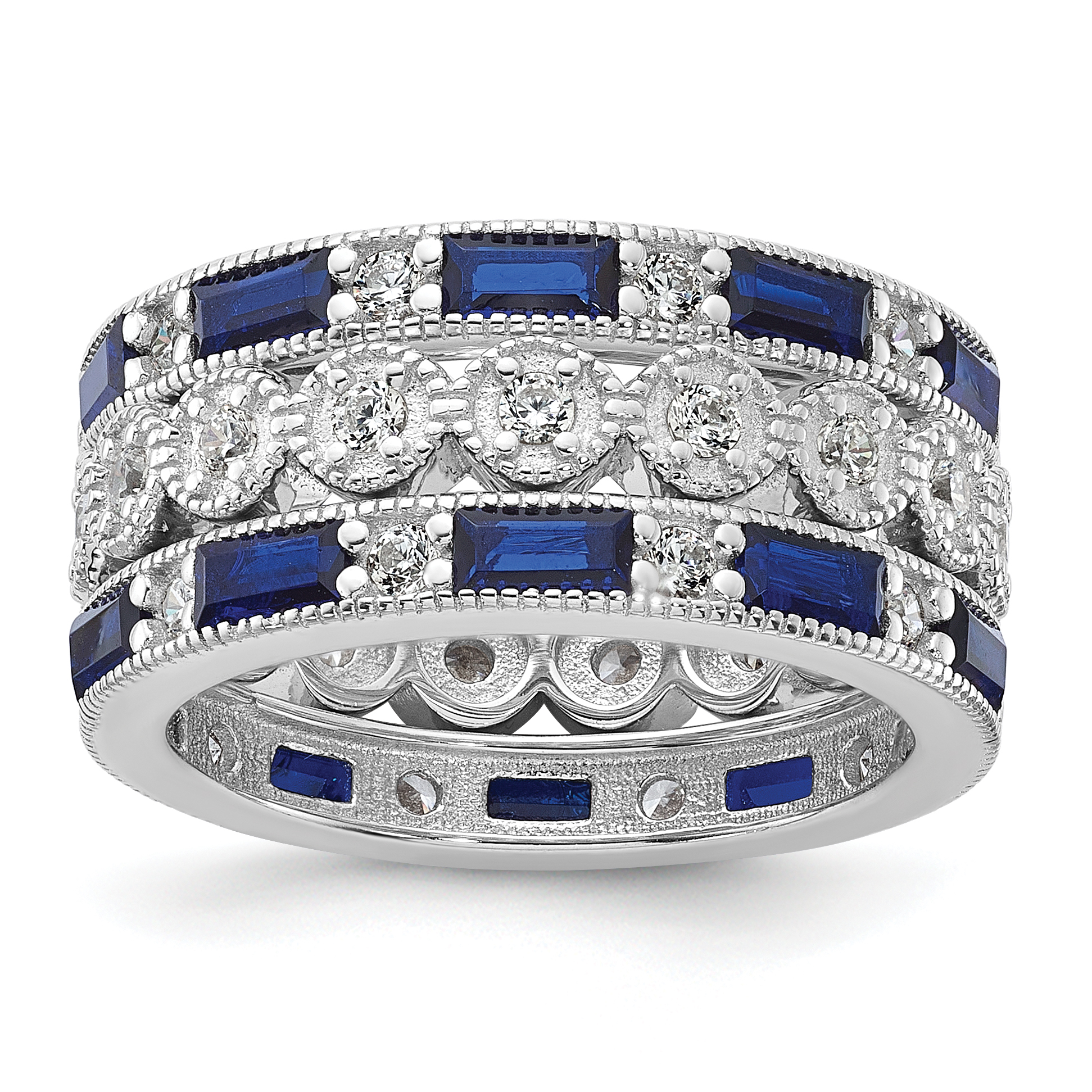Cheryl M Sterling Silver Rhodium-plated Emerald-cut & Brilliant-cut Blue and White CZ Three Piece Eternity Ring Set