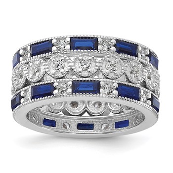 Cheryl M Sterling Silver Rhodium-plated Emerald-cut & Brilliant-cut Blue and White CZ Three Piece Eternity Ring Set