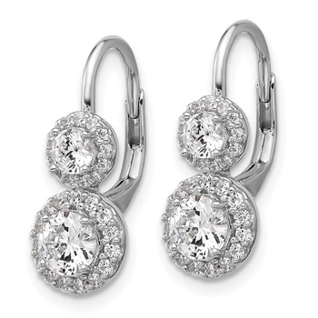 Cheryl M Sterling Silver Rhodium-plated Polished Double Round CZ Halo Leverback Earrings — alternate view