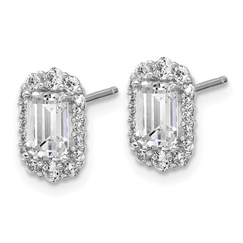 Cheryl M Sterling Silver Rhodium-plated Polished Emerald-cut CZ Halo Post Earrings — alternate view