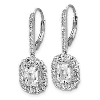 Cheryl M Sterling Silver Rhodium-plated Polished Fancy Emerald-cut CZ Halo Dangle Leverback Earrings — alternate view