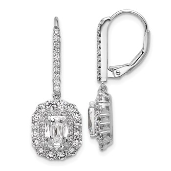 Cheryl M Sterling Silver Rhodium-plated Polished Fancy Emerald-cut CZ Halo Dangle Leverback Earrings
