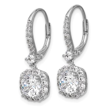 Cheryl M Sterling Silver Rhodium-plated Polished Cushion-cut CZ Halo Dangle Leverback Earrings — alternate view