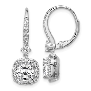 Cheryl M Sterling Silver Rhodium-plated Polished Cushion-cut CZ Halo Dangle Leverback Earrings