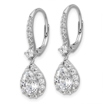 Cheryl M Sterling Silver Rhodium-plated Polished Pear CZ Halo Leverback Dangle Earrings — alternate view